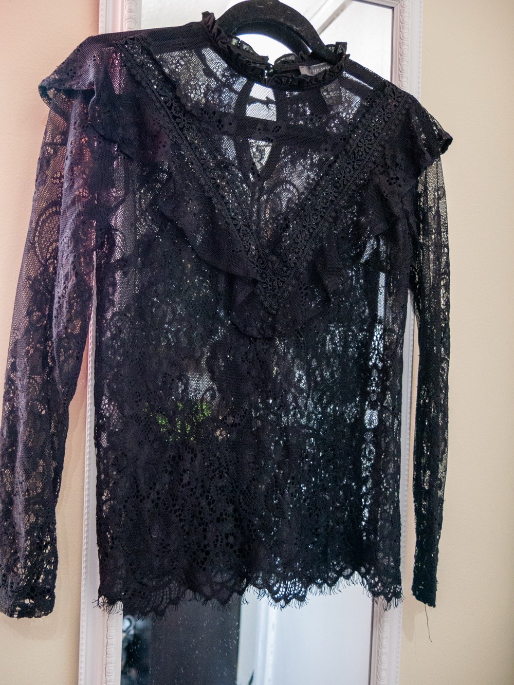 Black Lace Long-Sleeve Ruffle Neck Top